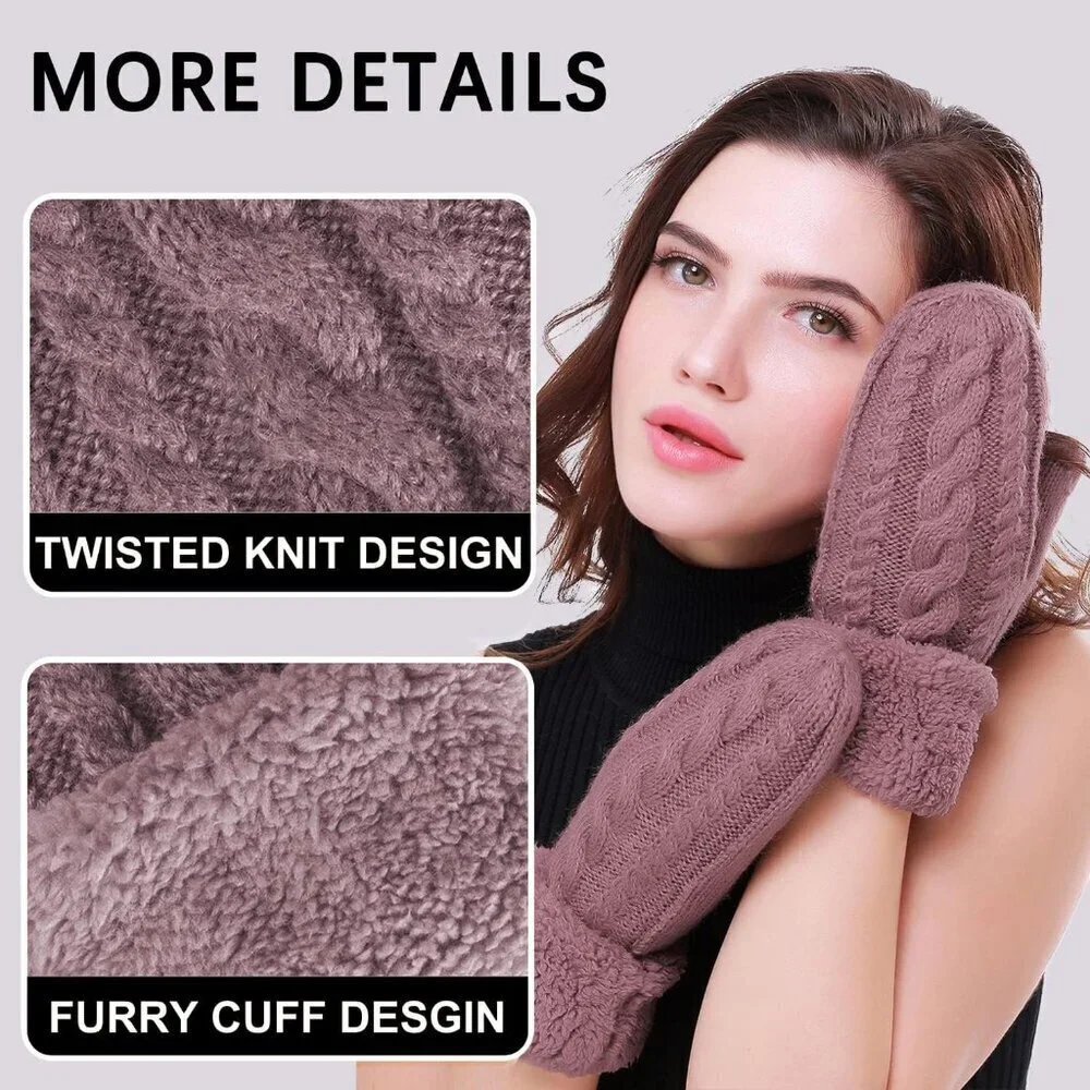 Women's Lilac Winter Warm Imported Fleece Lining Cozy Wool Knit Thick Gloves